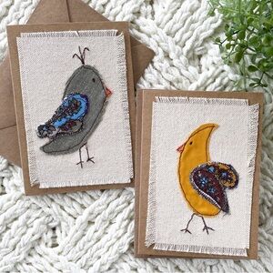 Handcrafted Bird Embroidery Greeting Cards Set of Two Whimsical Paisley Pattern